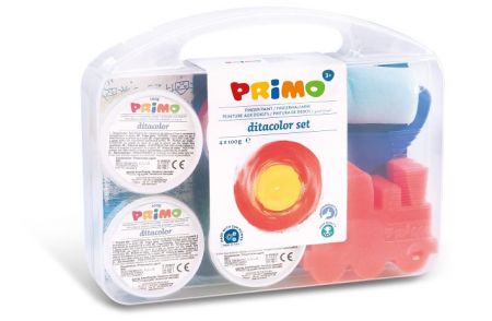 Prstové barvy PRIMO, dárková sada 4x100g, 6 šablon, 4 výtvarné pomůcky, PP box