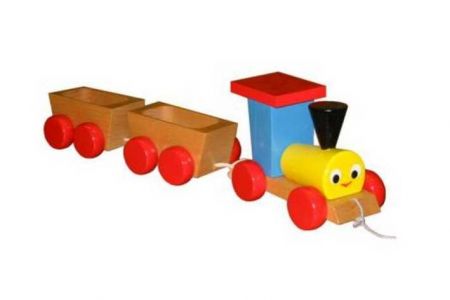 Vlak+2 vagónky dřevo tahací barevný
