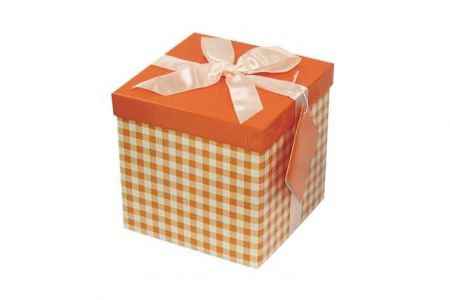 Dárková krabička skládací s mašlí M 15x15x15 cm  kostkovaná oranžová