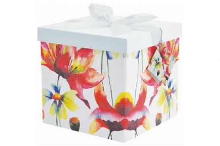 Dárková krabička skládací s mašlí M 15x15x15 cm  bílá s květinami