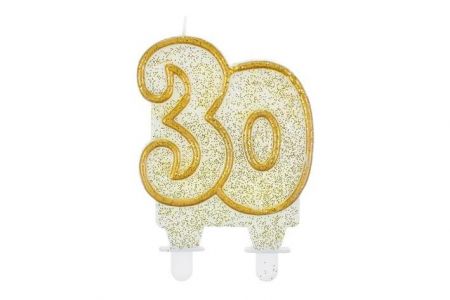 Svíčka narozeninová - číslice 30, zlacená s glitry 8cm