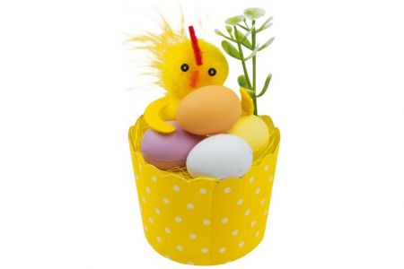 Kuřátko s vejci ve žlutém košíku 9cm