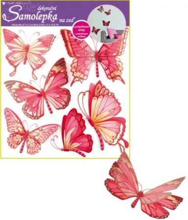 Samolepky na zeď motýli růžoví s pohyblivými křídly 30,5x30,5cm