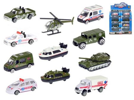 Vozidla vojenská/ambulance 7-8cm kov 1:64 volný chod 12druhů v krabičce 