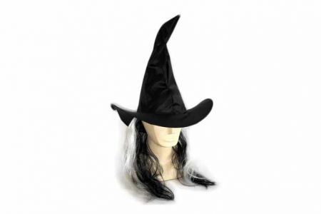 Klobouk čarodějnický s vlasy, dospělý HALLOWEEN (halloweenský-karnevalový-doplněk)