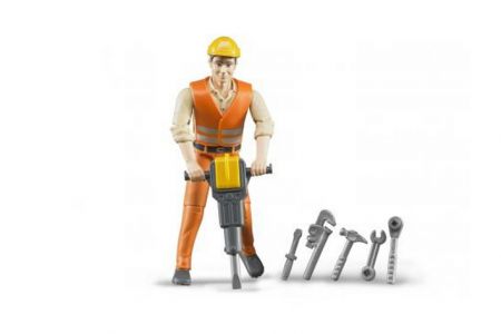 BRUDER 60020 Bworld - Figurka stavební dělník 11cm + 6ks nářadí + přilba