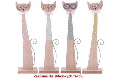 Dekorace Kočka s brýlemi a mašlí dřevěná 25cm 4 druhy 
