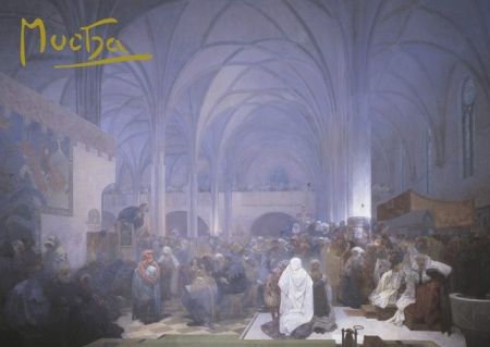 Pohled Alfons Mucha Slovanská epopej – Kázání mistra Jana Husa, krátký