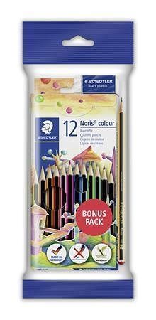 Barevné pastelky &quot;Noris Club&quot; sada+grafitová tužka a pryž, 12 různých barev, šestihranné, 