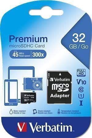 Paměťová karta &quot;Premium&quot;, microSDHC, 32GB, CL10/U1, 45/10 MB/s, adaptér, VERBATIM