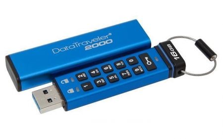 USB Flash disk &quot;DT2000&quot;, modrá, 16GB, USB 3.0, zabezpečení PIN, KINGSTON