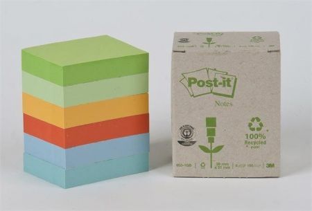 Samolepicí bloček, mix pastelových barev, 38x51 mm, 6x100 listů, recyklovaný, 3M POSTIT