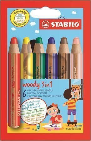 Barevné pastelky &quot;Woody&quot;, 6 barev, maxi, 3v1 – pastelky, vodovka, voskovka, STABILO