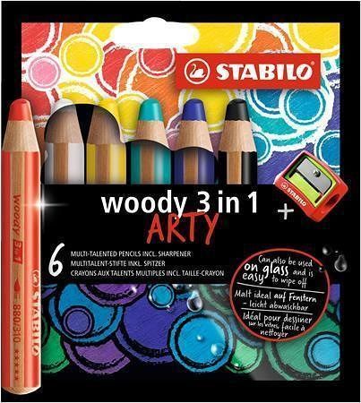Barevné tužky &quot;Woody ARTY 3 in 1&quot;, 6 různých barev, kulatá, silná, STABILO