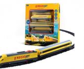 Vlak žlutý RegioJet s kolejnicemi 18ks plast se zvukem a světlem v krabici 38x43x6cm