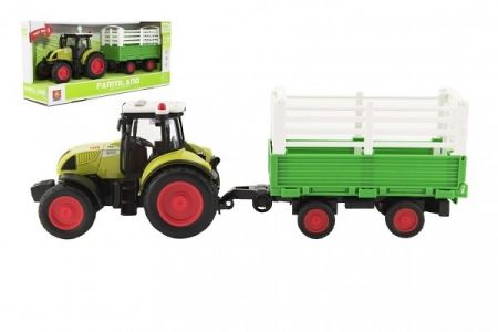 Traktor s vlekem plast 39cm na setrvačník na baterie se zvukem se světlem v krabici 42x19x