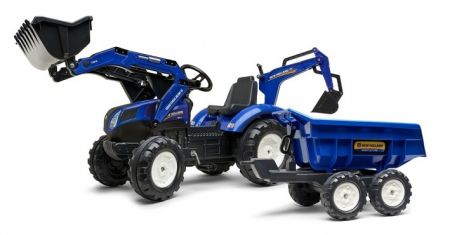 Traktor šlapací New Holland T modrý s přední i zadní lžící a