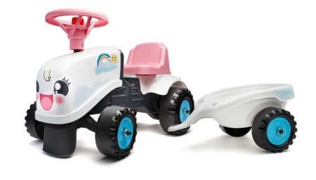 Odstrkovadlo - traktor Rainbow bílo/růžový s volantem a valn