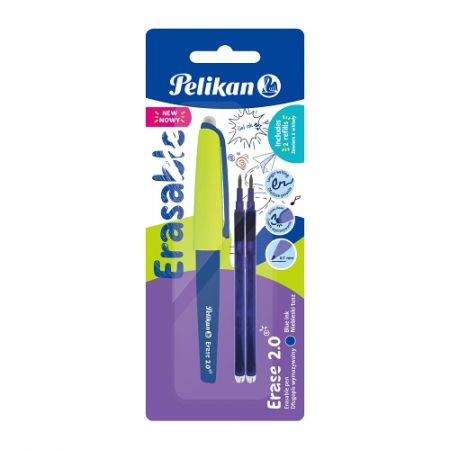Gumovací pero Pelikan, 1 ks a 2 náplně na blistru, modré