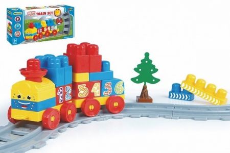 Baby Blocks vlak s kolejemi a stavebnicí plast délka dráhy 1,45m s doplňky v krabici 42x21