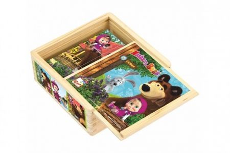 Kostky kubus dřevěné Máša a Medvěd 9ks v krabičce 13x13x5cm 12m+