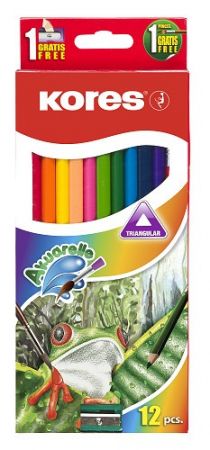 KORES Akvarelové pastelky trojhranné 3 mm / 12 barev s ořezávátkem a štětcem