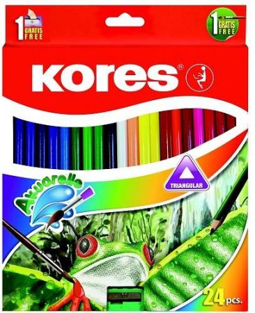 KORES Akvarelové pastelky trojhranné 3 mm / 24 barev s ořezávátkem a štětcem