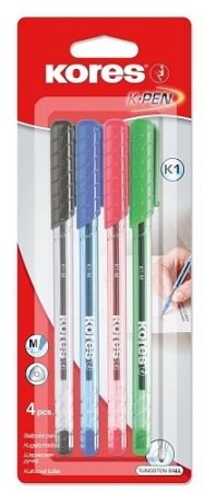KORES K1 Pen, transparentní, trojhranné, šíře M-1 mm, mix 4 barev (modrá, černá, červená, 