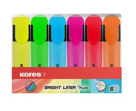 KORES BRIGHT LINER PLUS sada 6 barev (žlutá, zelená, růžová, oranžová, modrá, červená)