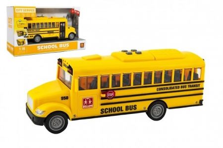 Autobus školní plast 27cm na setrvačník na baterie se světlem se zvukem v krabici 32x19x12