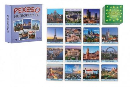 Pexeso Metropole EU papírové společenská hra 32 obrázkových dvojic v papírové krabičce 8x8