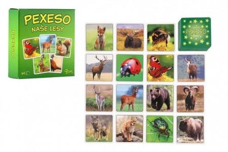 Pexeso Naše lesy papírové společenská hra 32 obrázkových dvojic v papírové krabičce 8x8cm