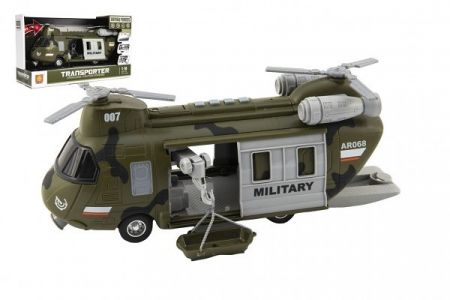 Vrtulník/Helikoptéra vojenská plast 28cm na baterie se světlem se zvukem v krabici