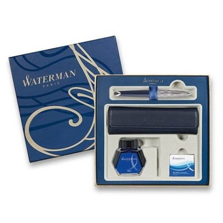 Waterman Carene Made in France DLX Blue CT plnicí pero, dárková kazeta s pouzdrem, inkoust