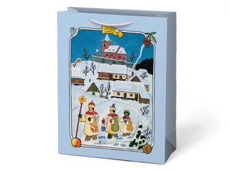 Vánoční dárková taška Josef Lada – světle modrá, 26×34×14 cm
