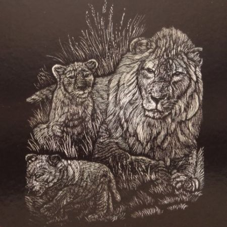 Škrábací obrázek A5 lev a lvíčata HOLOGRAPHIC