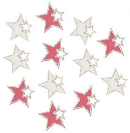 Hvězda dřevěná  se zlatými glitry s lepíkem 4 cm červená a přírodní, 12 ks