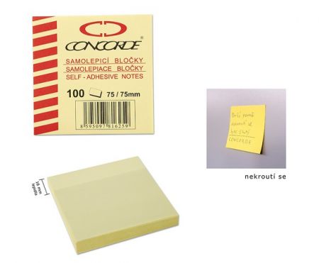 Samolepicí bloček CONCORDE 75x75mm, 100l., žlutá