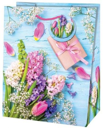 Dárková taška střední o rozměrech 19x10,2x23cm s motivem jarních květin