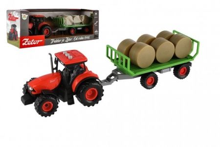 Traktor Zetor s vlekem a balíky plast 36cm na setrvačník na bat. se světlem se zvukem v kr