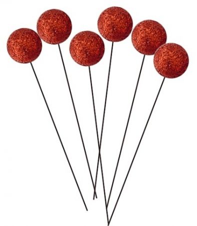 Kuličky na drátku červené s glitrem 1,5 cm, 12 ks