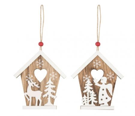 Dekorace vánoční k zavěšení dřevěná - domek 8cm mix