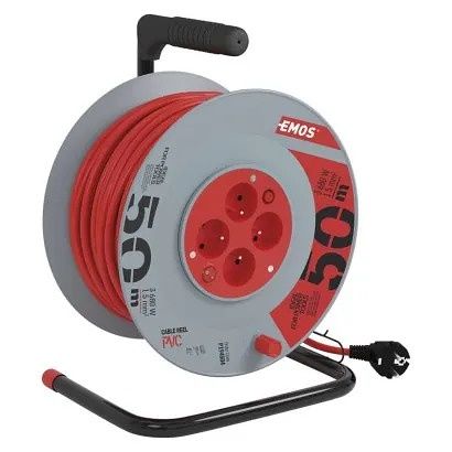 EMOS Prodlužovací kabel na bubnu 50 m / 4 zás. / s vypínačem / červený / PVC / 230V / 1,5 