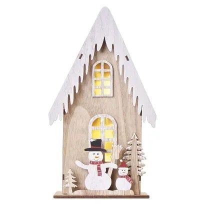 EMOS LED dekorace dřevěná – domek se sněhuláky, 28,5 cm, 2x AA, vnitřní, teplá bílá, časov