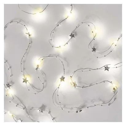 EMOS LED vánoční řetěz stříbrný – hvězdičky, 1,9 m, 2x AA, vnitřní, teplá bílá, časovač