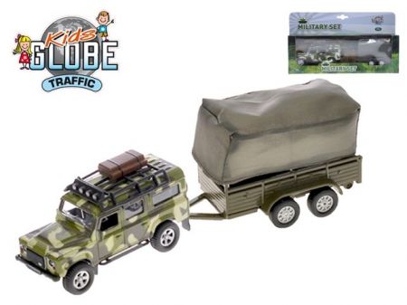Kids Globe Traffic Land Rover Defender Military 14,5cm kov zpětný chod s přívěsem