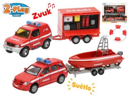 2-Play hasičská auta CZ 13cm kov s přívěsem a vozíkem na baterie se světlem a zvukem v kra