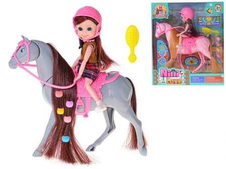 Panenka jezdkyně 16cm s koněm 25,5cm a doplňky 2barvy v krabičce