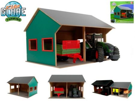 Kids Globe Farming dřevěná garáž 44x53x37cm 1:16 pro 2 traktory v krabičce
