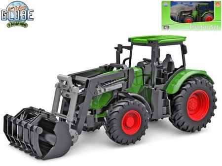 Kids Globe Farming traktor zelený s předním nakladačem volný chod 27cm v krabičce